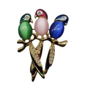 Australian Crystal Parrot Brooch Trio of Birds on Perch Multicolor Jelly Belly